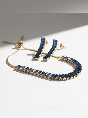 BLUE GOLD CZ BAGUETTE CUT EARRING AND BRACELET SET